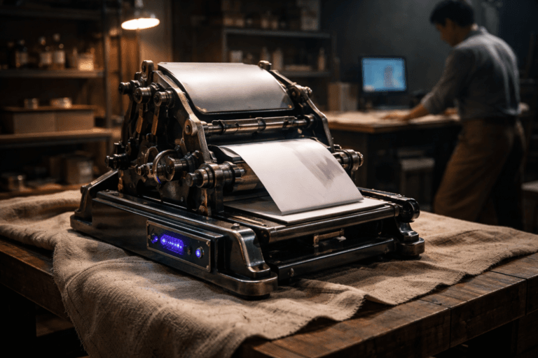 A photorealistic medium-wide cinematic shot, camera positioned approximately 1–2 meters from the subject, capturing a restored antique portable platen printing press (mobile hand-fed press) actively stamping crisp sheets of paper at high cadence — visible platen, type bed, feed mechanism, worn cast-iron body and brass hardware — clearly readable within a realistic environment. The press sits on a sturdy wooden workbench draped with raw woven linen fabric (natural, coarse weave) that forms the immediate surface and backdrop. The object integrates subtle electric-purple accents (#7B63FF) as restrained LED status indicators on a small control module, a faint purple backlit edge on an OLED panel, and minimal purple ink streaks on a corner of the paper, indicating intelligence/activity without overpowering realism. Set in a modern artisan print studio reinterpreted with Tech‑Noir mood: dark concrete walls, organized metal shelving, jars of ink and precision tools, a warm adjustable desk lamp, and a small schematic monitor in the mid-background — lived-in, professional, and believable. Natural human presence: one diverse technician in business-casual attire off to the side and slightly out of focus, candid posture, secondary to the press. Lighting is low-key and practical — warm lamp fill and cool monitor ambient, complemented by a soft integrated white spotlight from above or the side that gently reveals form, texture, and depth; subtle rim light to emphasize metal edges and tactile surfaces. Cinematic realism, natural shallow-to-medium depth of field, 35mm/50mm photographic look, slight elevated 3/4 angle with isometric influence for clarity and composition, motion suggestion captured as crisp motion blur on the stamping paper edges, premium materials, ultra-detailed, 8K. Color palette: neutral corporate tones (charcoal, warm wood, natural linen) with restrained neon accents and primary accent electric purple #7B63FF. Level of realism: photorealistic. Constraints: no text, no captions, no text overlays, no watermarks.