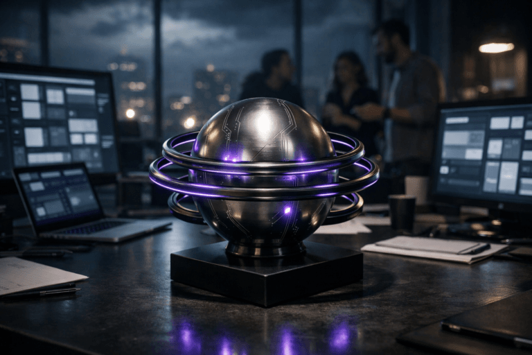 A photorealistic medium-wide cinematic shot, camera positioned approximately 1–2 meters from the subject, capturing a solid polished metallic fusion-reactor-like sphere the size of a basketball, encircled by three precision-engineered magnetic rings and mounted on a sleek black pedestal at the center of a collaborative product design table, clearly readable within a realistic environment. The object integrates subtle electric-purple (#7B63FF) light traces along the rings and faint circuitry patterns on the sphere, indicating intelligence, structure, and alignment without overpowering realism. Set in a dimly lit open-plan SaaS product design studio at night inside a high-rise office, with floor-to-ceiling windows revealing a moody city skyline and low clouds glowing softly from distant lights; large wall-mounted screens and laptops around the table display cohesive, grid-based interface layouts and reusable UI components (no legible text), while a small, diverse group of designers and product managers stand and sit in the background, engaged in quiet collaboration, slightly out of focus so the fusion core remains the hero object. Lighting is low-key and practical, coming from screens, a few desk lamps, and city glow, complemented by a soft integrated white spotlight from above that gently reveals the sphere’s brushed metal texture and the geometry of the magnetic rings, creating controlled reflections and depth. Cinematic realism, natural shallow-to-medium depth of field, premium materials, subtle Tech-Noir mood with restrained neon accents, ultra-detailed, 8K, no captions, no text overlays, no watermarks.
