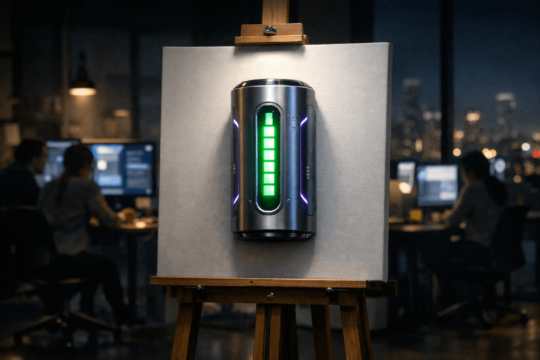 A photorealistic medium-wide cinematic shot, camera positioned approximately 1–2 meters from the subject, capturing a sleek futuristic lithium battery prototype with a vertical glass charge window glowing soft green, mounted at the center of a large white painting canvas on a natural wooden easel, the battery’s brushed metal body featuring subtle electric-purple #7B63FF accent lines and interface-like markings that suggest structured, consistent energy flow, clearly readable within a realistic environment. The object integrates subtle electric-purple accents indicating intelligence or activity without overpowering realism. Set in a dim evening UX design studio with a tech-noir mood, the easel standing near a floor-to-ceiling window revealing a softly blurred city skyline at night, while in the background a diverse group of designers work around desks with multiple monitors showing cohesive, abstracted UI layouts in cool neutral tones with restrained neon highlights, all screen details intentionally soft and unreadable, human figures slightly out of focus and secondary to the hero object. Lighting is low-key and practical, coming from desk lamps, monitor glow, and the city outside, complemented by a soft integrated white spotlight from above that gently illuminates the battery and canvas, revealing form, texture, and depth, with subtle reflections on the metal and soft shadows on the studio floor. Cinematic realism, natural depth of field, premium materials, ultra-detailed, 8K, no captions, no text overlays, no watermarks.