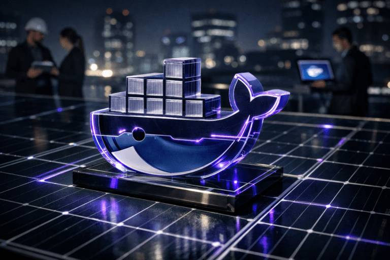 A photorealistic medium-wide cinematic shot, camera positioned approximately 1–2 meters from the subject, capturing a solid 3D acrylic sculpture of the official Docker logo rendered in isometric perspective, resting on a dark blue photovoltaic solar panel with a precise silver grid, the Docker whale and stacked container icon clearly visible and crisply detailed, premium materials, subtle reflections and fine surface texture. The object integrates subtle electric-purple (#7B63FF) accents indicating intelligence or activity without overpowering realism, such as discreet edge lighting and minimal tech-noir interface lines glowing softly along the contours of the logo and across the solar cells. Set on the rooftop of a modern corporate building at night in a tech-noir city, surrounded by rows of real solar panels and overlooking a moody skyline with restrained neon architectural lighting, with a few diverse professionals and engineers in the softly blurred background walking between the panel rows and consulting laptops and tablets that realistically display the Docker interface and logo on their screens, all secondary to the hero object. Lighting is low-key and practical, coming from the city glow, reflections off the solar panels and device screens, complemented by a soft integrated white spotlight from above and slightly to the side that gently reveals the form, texture and depth of the Docker logo sculpture and panel surface. Cinematic realism, natural shallow-to-medium depth of field, 35mm lens look, neutral corporate blues and grays with restrained electric-purple accents, ultra-detailed, 8K, no captions, no text overlays, no watermarks.