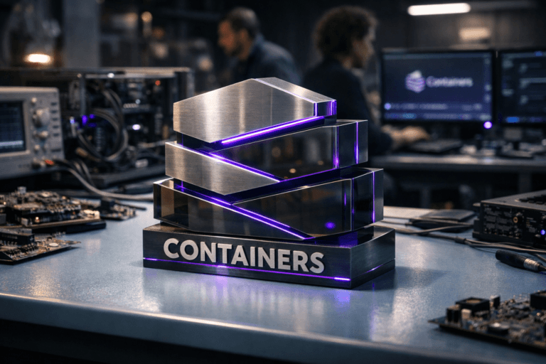 A photorealistic medium-wide cinematic shot, camera positioned approximately 1–2 meters from the subject, capturing a solid 3D isometric desktop sculpture of the “Containers” brand logo in brushed metal and smoked glass, resting realistically on a light blue anti-static hardware lab workbench, with the official Containers logo clearly visible on the sculpture and subtly echoed on nearby monitor interfaces within a believable environment. The object integrates subtle electric-purple (#7B63FF) accents in fine LED lines, edge reflections, and small status indicators, suggesting intelligence and activity without overpowering realism. Set in a late-evening tech-noir hardware R&D lab with a light-blue anti-static electronics bench, scattered PCBs, open server chassis, oscilloscopes, neatly routed cabling, and softly glowing multi-monitor setups, with a few diverse engineers in the background and periphery, slightly out of focus, in casual professional attire, engaged in quiet work with neutral expressions. Lighting is low-key and practical, coming from overhead lab fixtures, monitor glow, and indicator LEDs, complemented by a soft integrated white spotlight from the upper side that gently reveals the logo sculpture’s form, texture, and depth while leaving the room in moody shadows. Cinematic realism, natural depth of field, premium materials, ultra-detailed, 8K, neutral corporate color palette with restrained electric-purple neon accents, no captions, no on-screen text, no watermarks.