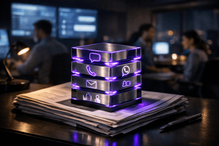 A photorealistic medium-wide cinematic shot, camera positioned approximately 1–2 meters from the subject, capturing a small, stylized physical sculpture representing “Contato Inteligente”: a premium acrylic and brushed-metal cube built from interconnected isometric layers, each layer engraved with simple icons for voice, chat, WhatsApp, email and social media, softly illuminated from discreet internal LEDs, resting on a tidy stack of printed newspapers and financial reports atop a modern office desk, clearly readable within a realistic environment. The object integrates subtle electric-purple (#7B63FF) edge lighting and internal accents indicating intelligence and activity without overpowering realism. Set in a dimly lit, modern contact center operations office at night, with large wall-mounted monitors in the background showing softly blurred analytics dashboards and conversation windows, city lights visible through a window, and a few diverse professionals in business-casual attire collaborating in soft focus at nearby workstations. Lighting is low-key and practical, coming from the monitors, a desk lamp and distant ceiling fixtures, complemented by a soft integrated white spotlight from the side that gently reveals the sculpture’s form, texture and depth while letting the room fall into a moody Tech-Noir ambience. Cinematic realism, natural shallow-to-medium depth of field, 35mm lens look, neutral corporate tones with restrained electric-purple neon accents, premium materials, ultra-detailed, 8K, no captions, no text overlays, no watermarks.