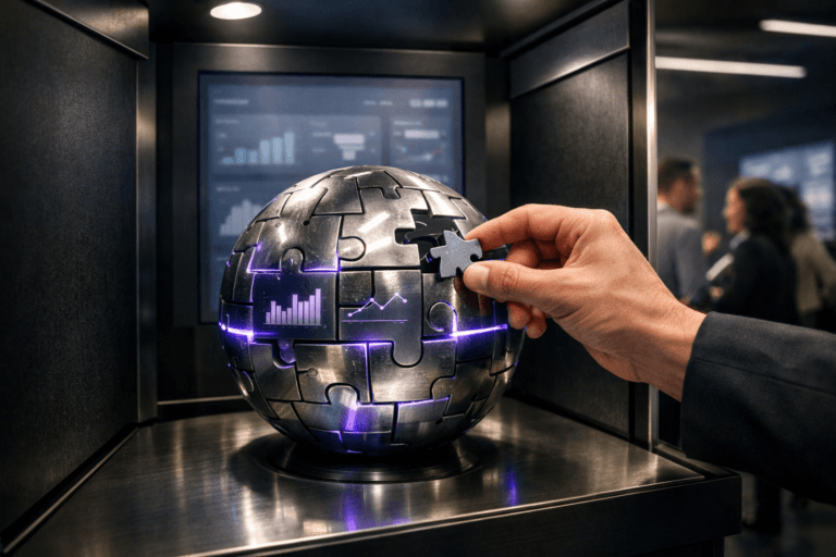 A photorealistic medium-wide cinematic shot, camera positioned approximately 1–2 meters from the subject, capturing a futuristic 3D spherical puzzle as the hero object, made of interlocking metallic and glass-like segments, with the very last piece being precisely inserted by a human hand, clearly readable and in sharp focus. The sphere subtly represents an integrated CMS & e-commerce “control core,” with tiny embedded display slivers showing soft, abstracted analytics graphs and conversion metrics, and faint electric-purple (#7B63FF) light lines pulsing along the seams to indicate real-time intelligence and data flow, without feeling sci‑fi or exaggerated. Set inside a sleek Tech-Noir self-service decision kiosk that visually echoes a private voting booth: a semi-enclosed, standing-height workstation with matte black panels, brushed metal edges, and a large vertical touchscreen behind the sphere showing blurred dashboards of charts and funnels (no readable text), located on a dimly lit corporate operations floor at night. In the background and periphery, a small, diverse group of marketing and product professionals in smart-casual attire interact candidly with neighboring kiosks and large wall-mounted dashboards, their faces and gestures natural and understated, slightly out of focus so the spherical puzzle remains the primary focal point. Lighting is low-key and practical, driven by the cool glow of the kiosk screen, ambient office ceiling strips, and accented by a soft integrated white spotlight from above and slightly to the side, gently revealing the sphere’s depth, reflections, and texture while casting subtle shadows on the kiosk surface. Color palette is neutral corporate tones—charcoal, slate, soft grays, and muted metallics—punctuated by restrained electric-purple accents on interface highlights, light streaks along the puzzle seams, and a few UI elements on the screens, creating a modern Tech-Noir atmosphere without overpowering realism. Shot from a slightly elevated three-quarter angle to echo an isometric feel while remaining fully photographic, with natural shallow-to-medium depth of field, cinematic realism, premium materials, ultra-detailed surfaces, 8K resolution, no captions, no text overlays, no watermarks.