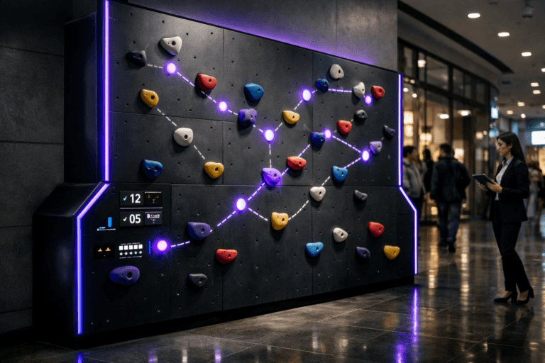 A photorealistic medium-wide cinematic shot, camera positioned approximately 1–2 meters from the subject, capturing a life-size interactive climbing wall installation in a shopping mall corridor as the hero object, its colorful holds forming a clearly marked, route-like pattern that subtly evokes data flows and customer journeys, with sleek matte panels and discreet digital indicators, all clearly readable within a realistic environment. The object integrates subtle electric-purple accents indicating intelligence or activity without overpowering realism, through #7B63FF LED edge lighting along the wall structure and gentle glow behind selected holds, suggesting real-time optimization. Set in a contemporary indoor shopping mall corridor with glossy porcelain tile flooring, glass storefronts and softly glowing digital signage, at night, with a refined tech-noir mood: cool neutral ambient tones, soft reflections on the polished floor, and a few diverse shoppers plus a marketing professional holding a tablet in the background and periphery, slightly out of focus, casually passing by and occasionally glancing toward the interactive wall and nearby dashboards. Lighting is low-key and practical, coming from ceiling spotlights, storefront displays and the wall’s integrated LEDs, complemented by a soft integrated white spotlight from above or the side, gently revealing the form, texture and depth of the climbing holds and structure. Cinematic realism, natural depth of field, premium materials, ultra-detailed, 8K, no captions, no text overlays, no watermarks.