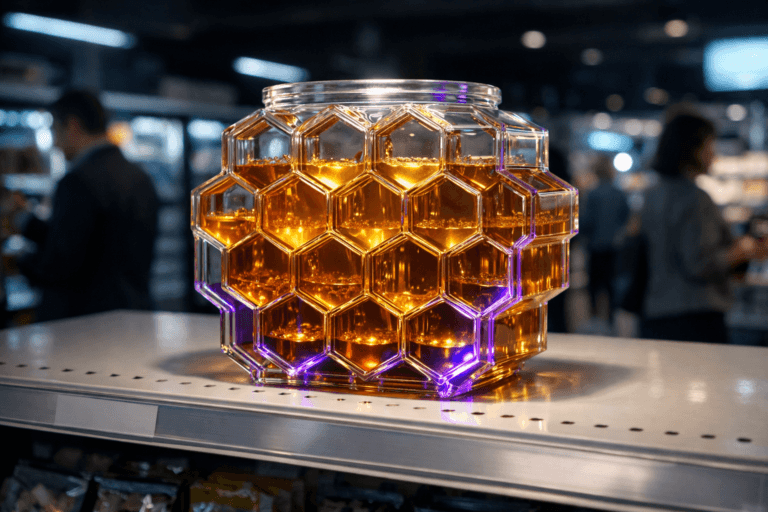 A photorealistic medium-wide cinematic shot, camera positioned approximately 1–2 meters from the subject, capturing a real hexagonal honeycomb-shaped glass container as the hero object, composed of multiple hexagonal cells arranged in a slightly isometric grid, each cell being slowly filled with rich golden honey that subtly symbolizes flowing data, designed as a premium, futuristic “data product” jar placed prominently on a pristine white supermarket gondola shelf with a clean price-tag rail, all physically plausible and richly textured. The object integrates subtle electric-purple accents indicating intelligence or activity without overpowering realism, such as faint electric-purple reflections along the glass edges and soft neon glows where the honey pools in the deepest cells. Set in a contemporary supermarket aisle at night with white retail shelving and a tech-noir atmosphere, cool bluish ambient light from overhead fixtures and distant digital signage, faint reflections from nearby refrigerated displays, and slightly blurred, diverse shoppers in business-casual attire moving in the background, with natural human presence in the background or periphery. Lighting is low-key and practical, complemented by a soft integrated white spotlight from above and slightly to the side, gently revealing the honey’s viscosity, glass refraction, and the geometry of the hexagonal structure, while the background falls into a tasteful cinematic shadow. Cinematic realism, natural depth of field, premium materials, ultra-detailed, 8K, no text, no UI overlays, no watermarks.