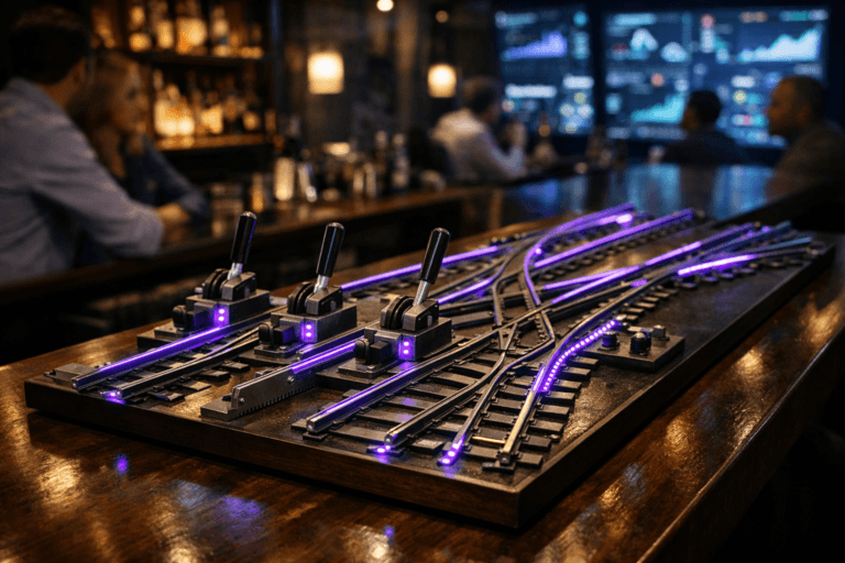 A photorealistic medium-wide cinematic shot, camera positioned approximately 1–2 meters from the subject, capturing a detailed physical model of a steel train track with multiple branching rails and robust mechanical switch levers, arranged as a precise tabletop control system on a polished dark wooden bar counter, clearly readable within a realistic environment. The metal rails and levers feature subtle electric-purple (#7B63FF) LED accents running along the edges and junctions, indicating intelligent routing and data-driven decisions without overpowering the natural look of brushed steel and aged wood. Set in a contemporary tech-noir bar that doubles as a late-night marketing war room, with the dark wood counter stretching into the midground, back bar shelves softly lit, and a wall of out-of-focus digital screens glowing with abstract analytics dashboards and charts in the background. Natural human presence appears in soft focus at the periphery: a diverse group of professionals in business-casual attire, seated or standing near the bar, calmly discussing strategy, lit by the cool glow of screens and warm bar lamps, their faces neutral and candid. Lighting is low-key and practical, mixing warm overhead bar pendants and under-shelf lights with cooler monitor glow; a soft integrated white spotlight from above gently highlights the train track system, revealing fine textures in the metal, switches, and wood grain, creating depth and clear subject hierarchy. Cinematic realism, 35mm lens look, natural shallow-to-medium depth of field, premium materials, ultra-detailed textures, restrained neon accents, no captions, no on-screen text, no watermarks, 8K.