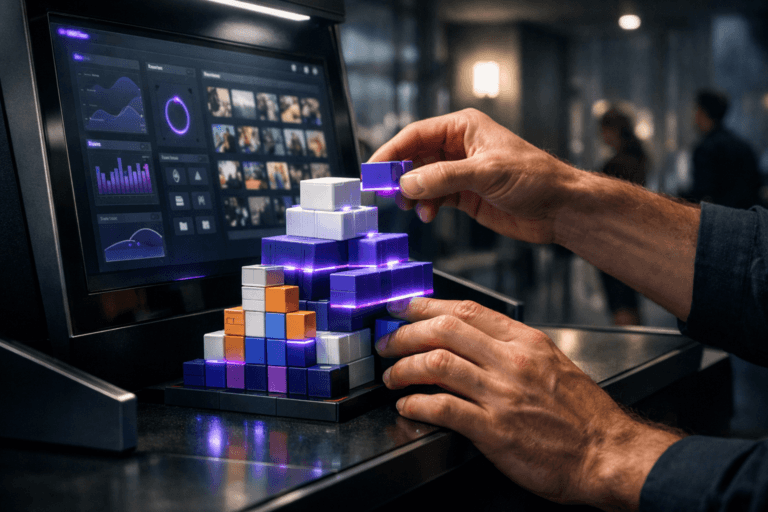 A photorealistic medium-wide cinematic shot, camera positioned approximately 1–2 meters from the subject, capturing a set of colorful, real-world modular building blocks being carefully assembled by realistic adult hands on the counter of a sleek digital self-service kiosk, the blocks forming a growing, structured stack that evokes marketing infrastructure and data architecture, clearly readable within a realistic environment. The kiosk’s touchscreen subtly displays abstract dashboards and a mosaic of small thumbnail-like video tiles suggesting user-generated content, with generic interface icons only, and the object integrates subtle electric-purple (#7B63FF) accents along the edges of the blocks, UI highlights on the screen, and a faint glow between the pieces to indicate intelligence and activity without overpowering realism. Set in a modern Tech-Noir self-service area that feels like a cross between a corporate lobby and a voting-style privacy booth, with other kiosks receding into the background, glass partitions, and softly blurred, diverse people waiting or passing by, adding natural human presence without stealing focus. Lighting is low-key and practical, coming from the kiosk screen, overhead fixtures, and a nearby wall light, complemented by a soft integrated white spotlight from above and slightly to the side, gently revealing form, texture, and depth on the hands, blocks, and kiosk materials. Cinematic realism, natural shallow-to-medium depth of field, neutral corporate color palette with restrained electric-purple neon accents, premium materials, ultra-detailed, 8K, subtle Tech-Noir mood, no captions, no text overlays, no watermarks.