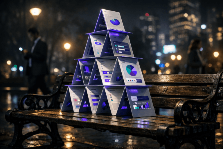 A photorealistic medium-wide cinematic shot, camera positioned approximately 1–2 meters from the subject, capturing a carefully engineered, surprisingly tall house of cards built from glossy, premium cards printed with abstract social-media-style interface elements, charts, polls, and quiz widgets, standing robustly on a weathered wooden and black cast-iron park bench, every layer of the card structure clearly readable within a realistic environment. The object integrates subtle electric-purple (#7B63FF) accents along card edges and in small interface highlights, suggesting intelligent, always-on interactivity without overpowering realism. Set in a modern city park at night with a Tech-Noir atmosphere: damp stone paths, distant high-rise silhouettes, soft neon reflections on the ground, and blurred bokeh from streetlights and digital billboards in the background, with natural human presence in the periphery as a few diverse professionals walk past on a nearby path, one casually holding a smartphone that faintly illuminates their face. Lighting is low-key and practical, driven by nearby park lamps and distant city glow, complemented by a soft integrated white spotlight from the upper side, gently revealing the form, texture, and depth of the card castle and bench, with natural shadows and reflections. Cinematic realism, neutral corporate color palette with restrained electric-purple and cool teal neon accents, natural shallow-to-medium depth of field, premium materials, ultra-detailed, 8K, no text overlays, no watermarks.