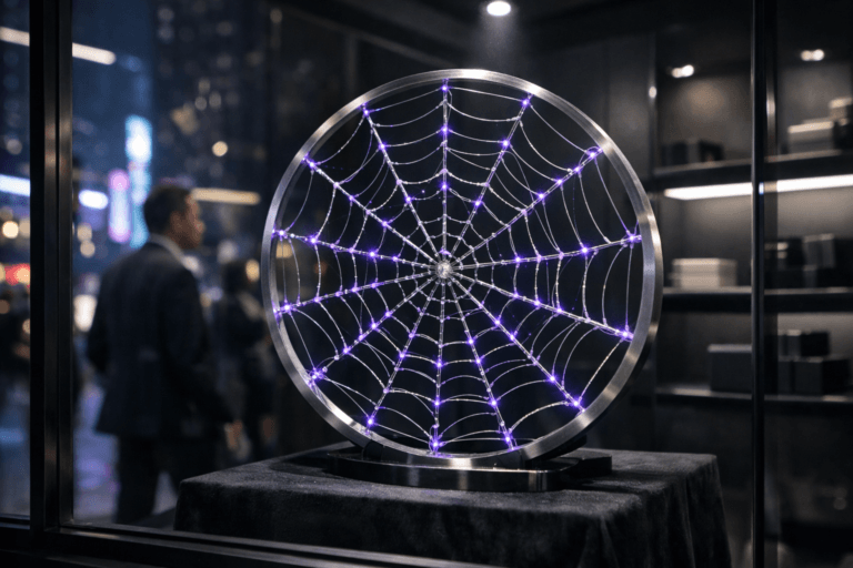 A photorealistic medium-wide cinematic shot, camera positioned approximately 1–2 meters from the subject, capturing a sleek physical hero object: a circular geometric spiderweb sculpture made of brushed metal and clear glass filaments, with tiny crystal-like droplets at each connection that catch the light like dew, subtle electric-purple #7B63FF illumination pulsing along the network to suggest predictive data intelligence, clearly readable inside the frame within a realistic environment. The object integrates subtle electric-purple accents indicating intelligence or activity without overpowering realism. Set in a nighttime tech-noir retail storefront: the sculpture is displayed in a high-end city shop window on a dark velvet pedestal, surrounded by minimal matte-black fixtures, cool white shelf lighting, and distant reflections of neon city lights and digital billboards on the glass; outside on the sidewalk, a few diverse professionals in business attire pass by, softly blurred, with one marketing manager briefly paused and looking toward the display, all secondary to the sculpture. Lighting is low-key and practical, with the main illumination coming from the store’s overhead spots and window strip lights, complemented by a soft integrated white spotlight from above that gently reveals the sculpture’s form, texture, and depth while the street outside falls into a moody blue-and-purple glow. Cinematic realism, natural shallow-to-medium depth of field, 35mm lens look, premium materials, ultra-detailed, 8K, no text, no UI elements, no logos, no watermarks.