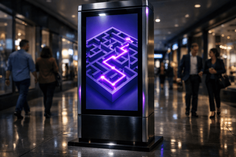 A photorealistic medium-wide cinematic shot, camera positioned approximately 1–2 meters from the subject, capturing a sleek, premium interactive digital kiosk in a shopping mall corridor as the hero object, its large vertical screen displaying a top-down 3D isometric maze with a precise electric-purple (#7B63FF) luminous line cleanly tracing the path to the exit over a minimal gradient background, the glossy black and brushed-metal body of the kiosk rendered with crisp reflections and fine texture, all clearly readable within a realistic environment. The object integrates subtle electric-purple accents indicating intelligence or activity without overpowering realism, with soft pulsating highlights along the maze path and a faint glow around key nodes, hinting at data-driven guidance and ROI optimization. Set in a sleek, modern shopping mall hallway at night with a polished porcelain tile floor reflecting the kiosk’s light, glass storefronts and digital displays receding into the background, and a few diverse shoppers and two business professionals in business-casual attire moving naturally in the periphery, slightly out of focus, enhancing scale and realism while keeping the kiosk dominant in frame, the overall mood blending corporate sophistication with subtle Tech-Noir atmosphere through cool ambient tones and restrained neon accents. Lighting is low-key and practical, coming from overhead mall fixtures and the kiosk’s screen as the primary practical light, complemented by a soft integrated white spotlight from above and slightly to the side, gently revealing form, texture, and depth on the kiosk and floor while letting the background fall into a soft shadowy gradient. Cinematic realism, 35mm lens look, natural shallow-to-medium depth of field, neutral corporate palette of charcoal, steel, and soft whites with carefully controlled electric-purple and cool blue highlights, premium materials, ultra-detailed, HDR, 8K, no captions, no on-screen text, no UI labels, no watermarks.