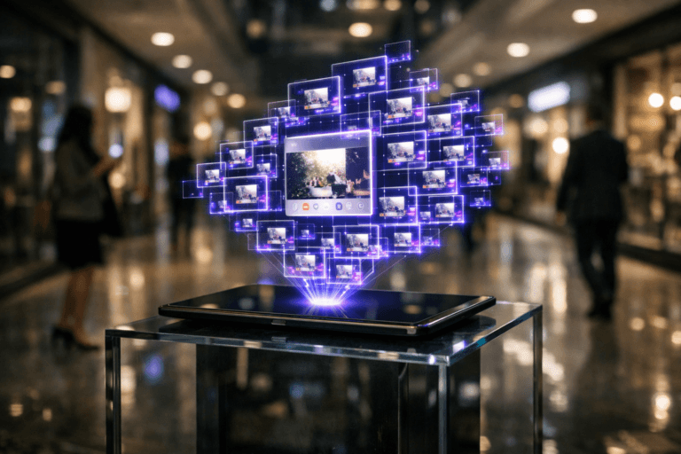 A photorealistic medium-wide cinematic shot, camera positioned approximately 1–2 meters from the subject, capturing a sleek transparent holographic display panel emerging from a slim black tablet resting on a polished glass pedestal in the middle of a glossy shopping-mall corridor, the hologram showing a single social media post tile visually duplicating into dozens of smaller tiles in a dynamic, semi-fractal isometric pattern to represent viral content, with subtle electric-purple #7B63FF highlights pulsing along the edges and connection lines, clearly readable within a realistic environment. The object integrates subtle electric-purple accents indicating intelligence or activity without overpowering realism. Set in a high-end indoor shopping-mall hallway at night with shiny porcelain flooring, soft reflections of overhead strip lights and digital signage, distant storefronts and glass railings, and a few realistically diverse shoppers and professionals walking or checking their phones in the softly blurred background, adding candid human presence without stealing focus from the hero object. Lighting is low-key and practical, coming from ceiling fixtures, ambient shop windows and nearby digital screens, complemented by a soft integrated white spotlight from above and slightly to the side, gently revealing the form, texture and depth of the tablet, glass pedestal and holographic UI while allowing pockets of shadow for a subtle Tech-Noir mood. Cinematic realism, 35mm lens look, natural shallow-to-medium depth of field, neutral corporate tones with restrained neon purple accents, premium materials, ultra-detailed, 8K, no text, no captions, no watermarks.