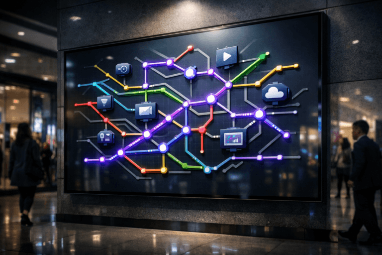 A photorealistic medium-wide cinematic shot, camera positioned approximately 1–2 meters from the subject, capturing a large wall-mounted 3D isometric metro-style map with intersecting colored lines, displayed on a sleek frameless digital screen in a shopping mall corridor, symbolizing a data-driven social media visual strategy and content workflow, clearly readable within a realistic environment. The object integrates subtle electric-purple #7B63FF accents along key routes and connection nodes on the map, with gentle animated glow suggesting intelligent optimization and real-time performance without overpowering realism. Set in a polished, contemporary shopping mall corridor with glossy porcelain floor tiles reflecting soft light, glass storefronts, distant digital billboards and muted signage, styled with a subtle Tech-Noir atmosphere through cool neutral tones, controlled contrast and restrained neon reflections, with natural human presence in the background or periphery as a few diverse professionals and shoppers walk by and occasionally glance at the screen, slightly out of focus so the map remains the hero. Lighting is low-key and practical, coming from overhead mall fixtures and the glow of nearby displays, complemented by a soft integrated white spotlight from above and slightly to the side, gently revealing the screen’s texture, the depth of the isometric map and subtle reflections on the floor. Cinematic realism, natural depth of field, premium materials, ultra-detailed, 8K, no captions, no text overlays, no watermarks.