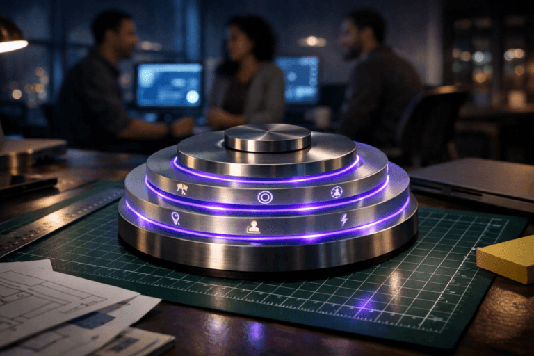 A photorealistic medium-wide cinematic shot, camera positioned approximately 1–2 meters from the subject, capturing a refined real-world hero object: a sleek “product radar” tabletop sculpture representing Continuous Discovery, built as a precision-crafted circular stack of metal and frosted glass disks with isometric, layered geometry, concentric rings and small etched abstract icons, resting solidly on a green cutting mat (cutting mat) with a clean white measurement grid on a worktable. The sculpture feels like a real, premium physical object a product team would keep on their desk, with subtle electric-purple (#7B63FF) light traces and edge glows running through the glass layers to indicate intelligence and constant activity, without looking fantastical. Around the cutting mat, only partially in frame, are realistic design tools: a metal ruler, UX sketch papers, sticky notes, and a closed laptop, all slightly out of focus so the hero object remains clearly readable. Set in a tech-noir inspired open-plan Brazilian SaaS startup office at night, with large windows revealing soft city lights, and blurred background monitors showing cool-toned interface dashboards, while a diverse trio of product professionals (PM, designer, engineer) are naturally positioned in the periphery, slightly out of focus, collaborating in a candid stance around the workspace. Lighting is low-key and practical, coming from desk lamps, monitor glow, and a subtle overhead office light, complemented by a soft integrated white spotlight from the side that gently reveals the sculpture’s form, glass and metal textures, and the grid of the cutting mat, creating controlled reflections and a shallow-to-medium depth of field. Color palette is neutral corporate tones with restrained electric-purple and cool blue neon accents, cinematic realism, natural depth of field, premium materials, ultra-detailed, 8K, no text overlays, no floating UI, no watermarks.