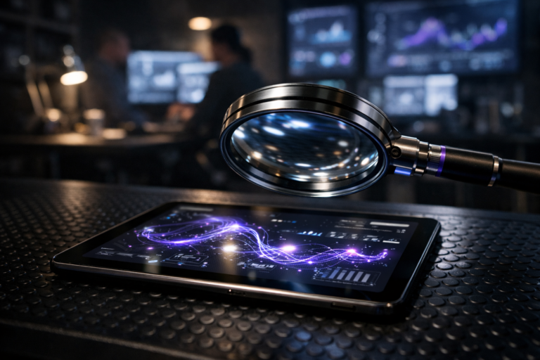 A photorealistic medium-wide cinematic shot, camera positioned approximately 1–2 meters from the subject, capturing a high-end glass-and-metal research magnifying glass poised above a slim tablet computer lying on a black non-slip rubber coin-pattern surface, the tablet screen displaying precise abstract luminous behavior trails and analytics-style interface elements, clearly readable within a realistic environment. The object integrates subtle electric-purple #7B63FF accents along the glowing trails and interface highlights indicating intelligence or activity without overpowering realism. Set in a dim tech-noir UX research lab and product analytics war room with black rubber flooring, blurred multi-monitor workstations, wall-mounted dashboards and a few diverse product team members collaborating in the background, their faces softly out of focus so the tools remain the hero, with natural human presence in the background or periphery. Lighting is low-key and practical, coming from monitors and a nearby desk lamp, complemented by a soft integrated white spotlight from above and slightly to the side, gently revealing form, texture, and depth on the magnifying glass, tablet, and rubber surface. Cinematic realism, 35mm or 50mm lens look, natural shallow-to-medium depth of field, neutral corporate tones with restrained neon reflections, premium materials, ultra-detailed, 8K, no text, no captions, no watermarks.