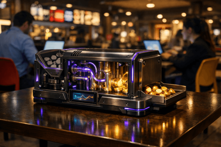 A photorealistic medium-wide cinematic shot, camera positioned approximately 1–2 meters from the subject, capturing a sleek, desk-sized “conversion engine” device inspired by an alchemical machine, built from dark brushed metal and glass, resting solidly on a food-court table, with clearly visible internal channels where dull grey geometric tokens enter on one side and emerge as polished golden tokens on the other, a small inset display showing abstract glowing graph lines (no readable text), and fine metallic details that feel premium and engineered. The object integrates subtle electric-purple (#7B63FF) accent lights along edges, indicators, and internal tubing to suggest intelligent, always-on optimization without overpowering the realism or the warm metallic glow of the “gold” inside. Set in a contemporary Brazilian shopping-mall food court at night, with colorful plastic chairs and neighboring tables around, softly defocused digital menu boards and signage in the background, and a few diverse professionals in business-casual attire working on laptops and checking dashboards at nearby tables, their faces lit by screen glow and only loosely aware of the device. Lighting is low-key and practical, coming from overhead mall fixtures, laptop screens, and ambient signage, complemented by a soft integrated white spotlight from above and slightly to the side that gently reveals the machine’s form, texture, and transparent chambers, casting refined reflections on the tabletop. Cinematic realism, natural shallow-to-medium depth of field with the hero object in crisp focus, premium materials, subtle neon reflections, ultra-detailed, 8K, no captions, no on-screen text, no watermarks.