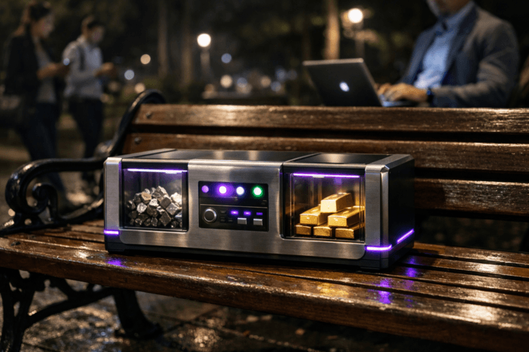 A photorealistic medium-wide cinematic shot, camera positioned approximately 1–2 meters from the subject, capturing a sleek, compact alchemy-inspired data-conversion machine resting on a classic wooden and cast-iron park bench, designed as a physically real high-end device with a brushed metal body, transparent glass chambers where dull raw metallic fragments enter on one side and emerge as polished golden ingots on the other, with clean indicator lights and interface details clearly readable within a realistic environment. The object integrates subtle electric-purple #7B63FF accents in its status LEDs, edge lighting and faint internal glow, indicating intelligence and activity without overpowering realism. Set in a contemporary urban Brazilian city park at night, the bench sits beside a paved path with damp ground subtly reflecting nearby city lights; in the softly blurred background, a few diverse professionals pass by checking their smartphones, and at the far end of the bench a person in business-casual attire works on an open laptop, screen glow contributing to the ambient light while remaining secondary to the machine. Lighting is low-key and practical, coming from nearby park lampposts, phone and laptop screens, complemented by a soft integrated white spotlight from above and slightly to the side, gently revealing the device’s form, texture and depth, highlighting premium materials and the transition from rough metal to gleaming gold. Cinematic realism, 35mm lens look, natural shallow-to-medium depth of field, neutral corporate color palette with restrained neon and electric-purple accents, ultra-detailed, 8K, no text, no logos, no watermarks.
