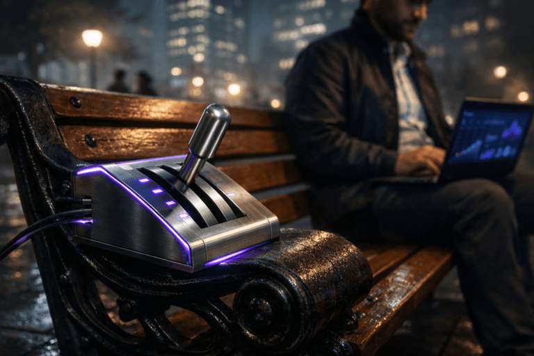 A photorealistic medium-wide cinematic shot, camera positioned approximately 1–2 meters from the subject, capturing a sleek oversized brushed-metal control lever console symbolizing conversion rate optimization, with precise stepped notches and a tactile metal handle, seamlessly integrated into the armrest of a classic wooden and cast-iron park bench, the lever angled as if finely tuning an invisible performance metric, with a nearby open laptop slightly out of focus hinting at complex analytics charts on its screen (no readable text), clearly readable within a realistic environment. The object integrates subtle electric-purple (#7B63FF) accents indicating intelligence or activity without overpowering realism, with faint neon purple light tracing the edges of the lever housing, indicator grooves and slim data cables running from the console toward the laptop. Set in a nighttime urban park with the wooden and cast-iron bench on slightly wet stone pavement, distant glass office towers and muted corporate signage glowing in the background, soft city fog and reflected neon adding a restrained tech-noir atmosphere, with a diverse marketing professional in smart-casual clothing seated on the bench working on the laptop and a few pedestrians passing in soft motion blur in the periphery. Lighting is low-key and practical, coming from nearby park lamps and the laptop screen, complemented by a soft integrated white spotlight from above and slightly to the side, gently revealing form, texture, and depth on the lever, bench, and surrounding materials. Cinematic realism, natural depth of field, premium materials, ultra-detailed, 8K, no captions, no text overlays, no watermarks.