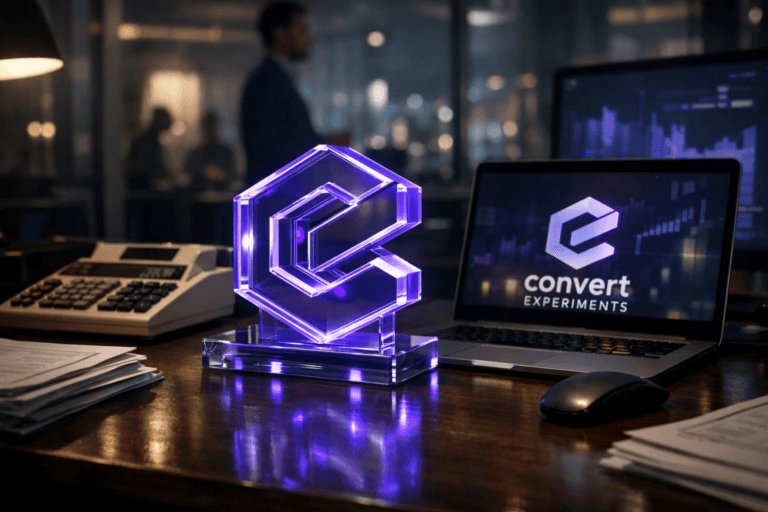 A photorealistic medium-wide cinematic shot, camera positioned approximately 1–2 meters from the subject, capturing a solid 3D acrylic desk sculpture in the precise shape of the Convert Experiments logo, modeled with clean isometric-inspired geometry and glossy premium materials, resting on a dark wooden accounting desk, the Convert Experiments logo also clearly visible on a nearby open laptop screen displaying abstract, text-free experiment graphs and charts, both logos crisp and readable within a realistic environment. The object integrates subtle electric-purple (#7B63FF) edge lighting and faint internal glow accents indicating intelligence and data activity without overpowering realism. Set in a dim tech-noir finance and analytics office at night, an accounting-style workspace where an old beige desktop calculator with large mechanical keys sits beside the logo sculpture, surrounded by neatly stacked financial reports, a wireless mouse, and a secondary monitor showing blurred data visualizations; in the background, a diverse, professionally dressed data analyst is softly out of focus, standing near a glass wall with the vague silhouettes of colleagues in a nearby meeting room and cool city lights visible through the window, adding depth and human presence. Lighting is low-key and practical, coming from the laptop screen, monitor glow, a desk lamp, and cool city light spill, complemented by a soft integrated white spotlight from above and slightly to the side, gently revealing form, texture, and depth on the logo sculpture, calculator, and desk surface. Cinematic realism, natural shallow-to-medium depth of field, neutral corporate color palette with restrained neon purple and cool blue accents, premium materials, ultra-detailed, 8K, no captions, no interface text, no watermarks, no floating elements, only realistic Convert Experiments logos.