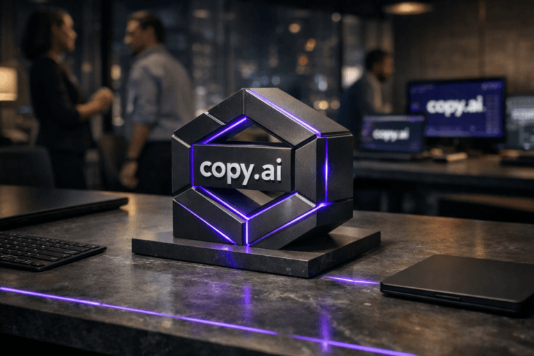 A photorealistic medium-wide cinematic shot, camera positioned approximately 1–2 meters from the subject, capturing a solid 3D Copy.ai logo sculpture with isometric-inspired geometry, the official Copy.ai logo cleanly visible on its front face, crafted from matte dark metal with subtle glass inlays, resting on a smooth matte gray soapstone desktop surrounded by a few understated premium workspace accessories like a slim keyboard, trackpad and closed laptop, clearly readable within a realistic environment. The object integrates subtle electric-purple (#7B63FF) LED accents running along its beveled edges and through thin inlay lines on the soapstone surface, indicating intelligence and data flow without overpowering realism. Set in a modern tech-noir B2B marketing and sales war-room office at night, with additional Copy.ai logos appearing naturally on distant laptop and monitor screens as part of blurred dashboards, glass walls revealing a moody city skyline with soft neon reflections, and a small, diverse group of professionals in business-casual attire collaborating in the background and periphery, slightly out of focus. Lighting is low-key and practical, coming from monitors, a desk lamp and distant ceiling fixtures, complemented by a soft integrated white spotlight from above and slightly to the side, gently revealing form, texture, and depth on the logo sculpture and the soapstone surface. Cinematic realism, natural depth of field, neutral corporate color palette with restrained electric-purple accents, premium materials, ultra-detailed, 8K, no captions, no text overlays, no watermarks.