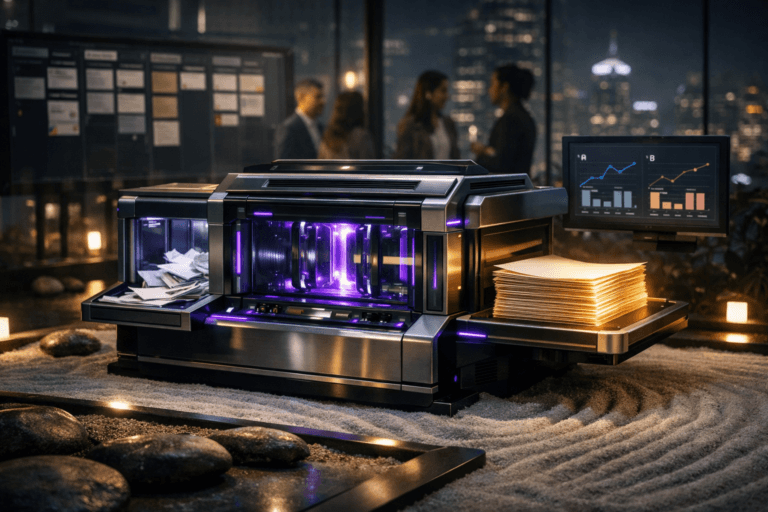 A photorealistic medium-wide cinematic shot, camera positioned approximately 1–2 meters from the subject, capturing a sleek, futuristic “conversion engine” machine resembling a premium analytical workstation, with polished metal surfaces and glass chambers that visibly transform streams of simple printed marketing drafts and raw data sheets on one side into neatly stacked pages edged with a soft golden glow on the other, surrounded by subtle interface screens showing kanban-style workflow columns and A/B test graphs, clearly readable within a realistic environment. The object integrates subtle electric-purple accents indicating intelligence or activity without overpowering realism. Set in a dimly lit indoor zen garden with white raked sand patterns and smooth stones, integrated into a modern glass-walled marketing office overlooking a futuristic city at night, with a diverse group of marketing professionals in the softly blurred background standing near a large wall-mounted kanban board and a glowing dashboard screen, collaborating in a calm, focused way. Lighting is low-key and practical, coming from the workstation displays, discreet floor lights along the sand garden, and distant city glow, complemented by a soft integrated white spotlight from above gently revealing the machine’s form, textures, and the golden pages, with natural shadows and reflections. Cinematic realism, natural depth of field, premium materials, ultra-detailed, 8K, 35mm lens look, neutral corporate palette with restrained electric-purple and warm golden accents, no captions, no text overlays, no watermarks.
