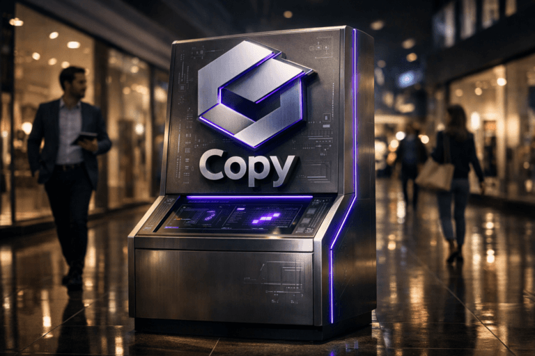 A photorealistic medium-wide cinematic shot, camera positioned approximately 1–2 meters from the subject, capturing a premium 3D isometric sculpture of the Copy brand logo integrated into a sleek freestanding interactive kiosk, the word “Copy” clearly visible on the front as part of the physical logo, with subtle UI-like glyphs and data-inspired patterns etched into its surfaces. The object integrates subtle electric-purple (#7B63FF) accents running along edges and interface elements, suggesting intelligent activity without overpowering the neutral, corporate look of brushed metal and dark glass. Set in an upscale shopping-mall corridor with glossy porcelain tile flooring reflecting the kiosk and ceiling lights, glass storefronts and softly blurred retail displays receding into the background, evoking a tech-noir, late-evening ambiance. Natural human presence appears in the periphery: a few diverse shoppers and business professionals walking past, slightly out of focus, one person in smart-casual attire glancing at the kiosk while holding a tablet, all clearly secondary to the hero object. Lighting is low-key and practical, coming from overhead mall fixtures and nearby shop windows, complemented by a soft integrated white spotlight from above and slightly to the side, gently revealing the form, texture, and depth of the Copy logo and kiosk while casting realistic reflections on the shiny floor. Cinematic realism, natural depth of field, premium materials, ultra-detailed, 8K, no captions, no text overlays, no watermarks.