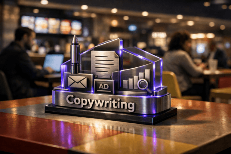 A photorealistic medium-wide cinematic shot, camera positioned approximately 1–2 meters from the subject, capturing a physical 3D isometric-style “Copywriting” brand logo sculpture made of glass and brushed metal, with the Copywriting logo clearly visible on its front and small engraved icons suggesting emails, ads, and analytics, resting prominently on a colorful food court table. The object integrates subtle electric-purple #7B63FF accent lighting and edge glows indicating intelligence or activity without overpowering realism. Set in a modern indoor food court in a shopping mall at night, with rows of colorful tables and chairs, softly glowing digital menu boards and laptop screens in the background, and a few diverse professionals casually working or chatting at nearby tables, slightly out of focus to keep the logo sculpture as the hero. Lighting is low-key and practical, coming from overhead mall fixtures, screens, and ambient signage, complemented by a soft integrated white spotlight from above and slightly to the side, gently revealing the logo’s form, reflections, and texture, and casting a clean shadow across the tabletop. Cinematic realism, natural shallow-to-medium depth of field, neutral corporate tones with restrained neon reflections, premium materials, ultra-detailed, 8K, no captions, no text overlays, no watermarks.