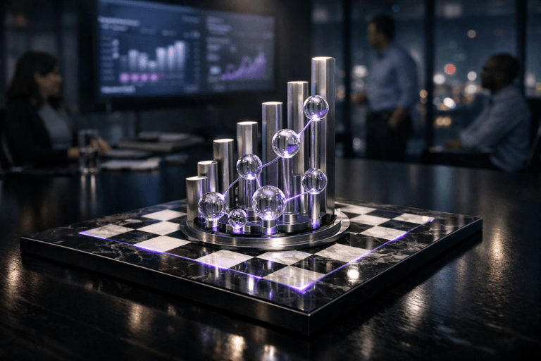 A photorealistic medium-wide cinematic shot, camera positioned approximately 1–2 meters from the subject, capturing a premium physical desk sculpture representing Core Feature Adoption: a translucent glass-and-brushed-metal abstract data totem composed of rising bars and interconnected circular nodes emerging from the center of a black-and-white marble chessboard, the chessboard inset into a sleek dark tabletop, symbolizing strategic feature usage and growth, with precise machined details and subtle embedded LED elements clearly readable within a realistic environment. The object integrates subtle electric-purple accents indicating intelligence or activity without overpowering realism, with delicate electric-purple light threads running through the glass nodes and along a few tile edges of the marble chessboard. Set in a modern SaaS product war-room at night, in a high-end corporate meeting room with the chessboard resting on a glossy black conference table, large wall-mounted screens in the background softly out of focus displaying blurred analytics dashboards and charts, glass walls revealing a city skyline with neon reflections, and a few diverse product managers and data analysts in business-casual attire seated or standing around the table in the periphery, naturally posed and slightly out of focus. Lighting is low-key and practical, coming from overhead office panels, the glow of the wall screens, and a soft integrated white spotlight from above and slightly to the side, gently revealing the form, texture, and depth of the sculpture, the marble chessboard, and the tabletop, with subtle tech-noir contrast and reflections. Cinematic realism, natural shallow-to-medium depth of field, premium materials, ultra-detailed, 8K, no captions, no text overlays, no watermarks.