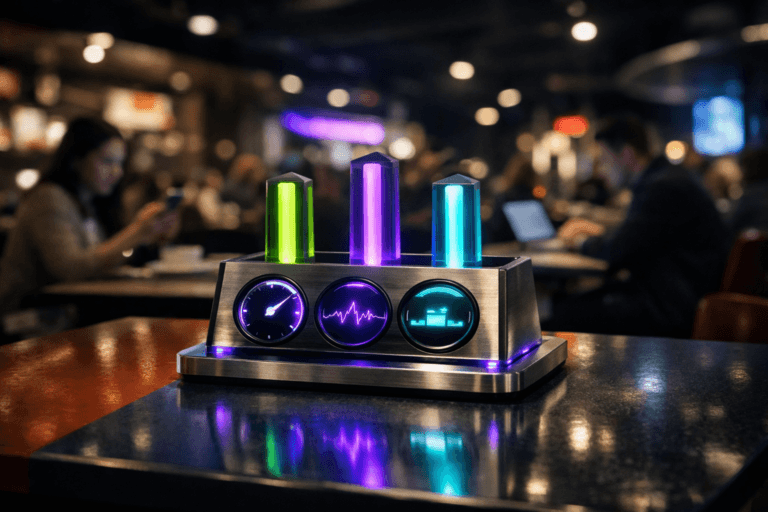 A photorealistic medium-wide cinematic shot, camera positioned approximately 1–2 meters from the subject, capturing a sleek real-world tabletop sculpture that physically represents Core Web Vitals: a compact brushed-metal and glass performance dashboard device resting on a colorful food-court table, with three distinct vertical light pillars and circular gauges subtly glowing in electric purple and cool cyan to symbolize speed, interactivity, and visual stability, all details crisp and clearly readable within a realistic environment. The object integrates subtle electric-purple (#7B63FF) accents indicating intelligence or activity without overpowering realism. Set in a contemporary indoor food court at night with a refined tech-noir mood — vibrant tables, polished surfaces, soft reflections, and distant neon signage — with natural human presence in the background and periphery: diverse people casually eating, chatting, and a few working on laptops or checking phones, slightly out of focus so the sculptural dashboard remains the hero. Lighting is low-key and practical, coming from overhead fixtures, nearby digital menu boards, and laptop screens, complemented by a soft integrated white spotlight from above and slightly to the side of the hero object, gently revealing its form, texture, and depth while the background falls into moody shadow and cinematic bokeh. Cinematic realism with a 35mm lens look, natural shallow-to-medium depth of field isolating the sculptural dashboard, neutral corporate tones with restrained neon purple accents, premium materials, ultra-detailed, 8K, no captions, no on-screen text, no watermarks.