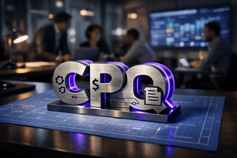 A photorealistic medium-wide cinematic shot, camera positioned approximately 1–2 meters from the subject, capturing a solid 3D isometric CPQ logo as a physical acrylic-and-brushed-metal sculpture resting on a blue engineering graph-paper blueprint sheet spread neatly across a modern conference table, the CPQ lettering clearly readable and subtly integrated with engraved icons and lines suggesting configuration, pricing, and quotation workflows within a realistic environment. The object integrates subtle electric-purple (#7B63FF) edge lighting and reflections indicating intelligence or activity without overpowering realism. Set in a dimly lit tech-forward B2B sales operations war-room inside a glass-walled corporate office at night, with large screens in the background softly displaying blurred CRM dashboards and pipeline charts, and a small group of diverse professionals standing and seated around the table in soft focus, collaborating over documents and laptops in the periphery. Lighting is low-key and practical from desk lamps, monitors, and a ceiling fixture, complemented by a soft integrated white spotlight from above and slightly to the side, gently revealing form, texture, and depth on the CPQ logo sculpture, blueprint paper, and tabletop. Cinematic realism, natural shallow-to-medium depth of field, 35mm lens look, neutral corporate color palette with restrained neon electric-purple accents, premium materials, ultra-detailed, 8K, no captions, no text overlays, no watermarks.