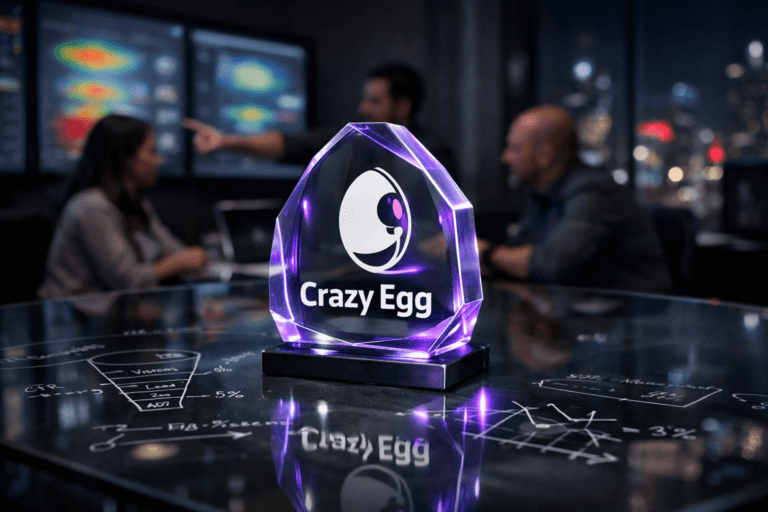 A photorealistic medium-wide cinematic shot, camera positioned approximately 1–2 meters from the subject, capturing a solid 3D isometric acrylic sculpture of the official Crazy Egg logo as the hero object, the logomark and wordmark crisply printed on its front face, resting realistically on a sleek glass meeting-table surface covered with faint white marker mathematical formulas, analytics notations, and conversion-funnel sketches, clearly readable within a realistic environment. The object integrates subtle electric-purple (#7B63FF) edge accents and internal reflections suggesting intelligent activity, without overpowering the natural materials or realism. Set in a dimly lit Tech-Noir analytics war room inside a modern corporate office at night, with the glass table in the foreground, large wall-mounted screens in the mid-ground softly displaying defocused, colorful website heatmaps and scroll maps, and a hint of a futuristic city skyline with scattered neon lights visible through floor-to-ceiling windows in the background, with a small, diverse group of UX, product, and marketing professionals standing and seated around the table, slightly out of focus, engaged in candid discussion and pointing toward the screens and glass surface. Lighting is low-key and practical, coming from the glow of the screens, subtle overhead fixtures, and a soft integrated white spotlight from the side that gently reveals the form, texture, and depth of the Crazy Egg logo sculpture and the glass tabletop, with realistic reflections and shadows. Cinematic realism, natural shallow-to-medium depth of field, neutral corporate palette with restrained electric-purple accents, premium materials, ultra-detailed, 8K, no captions, no text overlays, no watermarks.