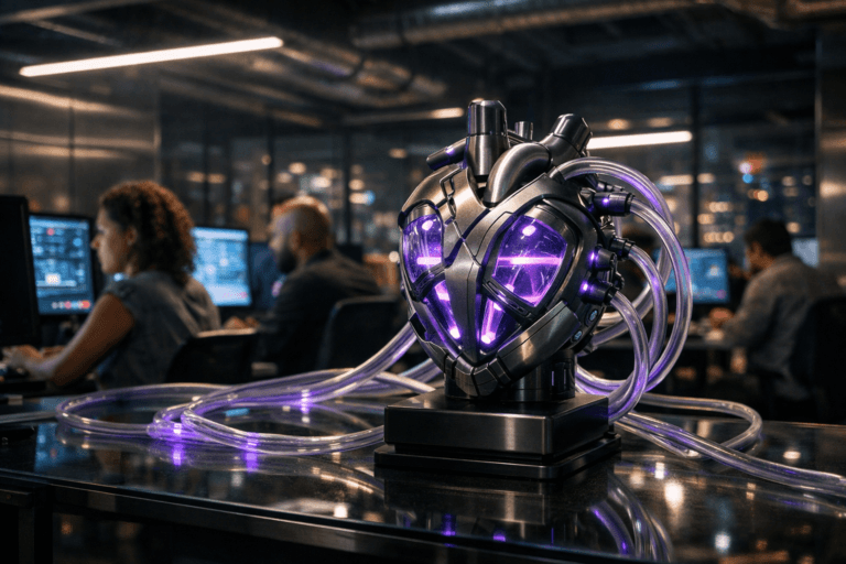 A photorealistic medium-wide cinematic shot, camera positioned approximately 1–2 meters from the subject, capturing a polished mechanical heart-like data core made of brushed metal and transparent chambers, visibly pumping a softly glowing fluid through multiple clear tubes that snake across a glass desk and disappear toward workstations, the device resting on a sleek pedestal beside discretely glowing dashboards on nearby monitors (no legible text), clearly readable within a realistic environment. The object integrates subtle electric-purple #7B63FF accents along the fluid and indicator LEDs, suggesting intelligent, real-time data flow without overpowering realism. Set in a modern Brazilian coworking space with a tech-noir mood, featuring a clean metallic corridor-like area with exposed ventilation ducts and steel panels, glass walls revealing rows of desks and screens, and a nighttime cityscape with soft neon reflections outside; a diverse group of professionals, including a Brazilian community manager monitoring multiple screens of engagement analytics, appear naturally in the background and periphery, focused on their work and interacting quietly. Lighting is low-key and practical, coming from overhead LED strips, computer monitors, and a few desk lamps, complemented by a soft integrated white spotlight from above and slightly to the side of the mechanical heart, gently revealing form, texture, and depth on the device and tubes. Cinematic realism, natural depth of field, premium materials, ultra-detailed, 8K, no captions, no text overlays, no watermarks.