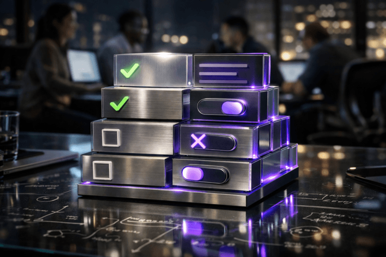 A photorealistic medium-wide cinematic shot, camera positioned approximately 1–2 meters from the subject, capturing a stylized yet physically plausible desktop sculpture representing Agile acceptance criteria as the hero object: a multi-layered 3D checklist made of translucent glass and brushed metal panels, arranged in an isometric grid like color-coded cards and toggles, resting on a sleek glass desk, details and structure clearly readable within a realistic environment. The object integrates subtle electric-purple (#7B63FF) edge accents and internal reflections indicating intelligence and activity without overpowering realism. Set in a Tech-Noir late-night product squad war room in a modern B2B CRM office, with the glass desktop covered in softly out-of-focus white marker formulas, UX flows and numeric annotations, faint reflections of multiple monitors, and a blurred diverse group of professionals collaborating in the background amid city lights glowing through floor-to-ceiling windows. Lighting is low-key and practical, coming from laptop screens, desk lamps and distant window glow, complemented by a soft integrated white spotlight from the upper side that gently reveals the sculpture’s form, texture and depth on the glass surface, with subtle neon reflections across the desk. Cinematic realism, neutral corporate tones with restrained electric-purple accents, natural shallow-to-medium depth of field, premium materials, ultra-detailed, 8K, no captions, no text overlays, no watermarks.