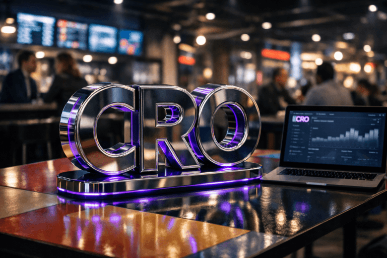 A photorealistic medium-wide cinematic shot, camera positioned approximately 1–2 meters from the subject, capturing a solid 3D isometric CRO brand logo sculpture as the hero object, crafted from premium glass and metal, standing on a colorful modern food-court table. The CRO logo is clearly readable, realistically integrated as a physical desktop piece, with a small matching CRO logo visible on the screen of a nearby open laptop showing a blurred analytics dashboard. The object integrates subtle electric-purple #7B63FF accents glowing softly inside the logo edges and as thin light traces around the base, indicating intelligence and data activity without overpowering realism. Set in a contemporary urban indoor food court at night with a Tech-Noir atmosphere, neon-lit digital menu boards and ambient LED strips forming a soft bokeh in the background, polished tabletops, and hints of stainless-steel and concrete surfaces. Natural human presence appears in the background and periphery as diverse professionals in casual-business attire chatting and working on laptops, softly out of focus so the CRO logo sculpture remains the main focal point. Lighting is low-key and practical, coming from overhead mall fixtures, screens, and table lamps, complemented by a soft integrated white spotlight from above and slightly to the side, gently revealing the logo’s form, reflections, and texture on the tabletop, with realistic shadows and subtle specular highlights. Cinematic realism, Tech-Noir mood, shot on a 35mm lens with natural shallow-to-medium depth of field, neutral corporate color palette with restrained electric-purple accents, premium materials, ultra-detailed, 8K, no captions, no text overlays, no watermarks.