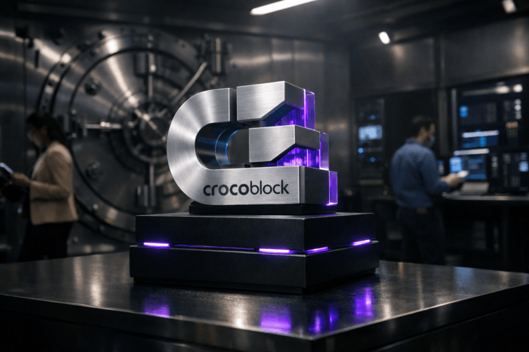 A photorealistic medium-wide cinematic shot, camera positioned approximately 1–2 meters from the subject, capturing a solid 3D isometric Crocoblock logo sculpture in brushed aluminum and glass as the hero object, the official Crocoblock logo clearly visible on the front face, mounted on a sleek matte-black pedestal with subtle electric-purple #7B63FF LED accents indicating intelligent activity, all physically grounded and realistically lit. The scene is set inside a modern high-security bank vault with thick stainless-steel walls, a massive circular vault door and lock mechanisms in the background, the space subtly transformed into a digital control room with low-profile server racks, softly glowing monitors and interface panels integrated into the walls. A few diverse professionals in smart-casual attire move and work naturally in the periphery and background, reviewing data on screens and tablets, always secondary to the Crocoblock logo sculpture as the main focus. Lighting is low-key and practical, coming from overhead linear fixtures, monitor glow and a soft integrated white spotlight from the side that gently reveals the form, reflections and micro-texture of the metal vault walls and the premium materials of the logo sculpture, with restrained neon-like electric-purple accents on edge lighting, indicator strips and UI reflections to create a subtle Tech-Noir atmosphere without overpowering corporate realism. Cinematic realism, 35mm–50mm photographic look, natural shallow-to-medium depth of field, ultra-detailed, 8K, no captions, no on-screen text, no watermarks.