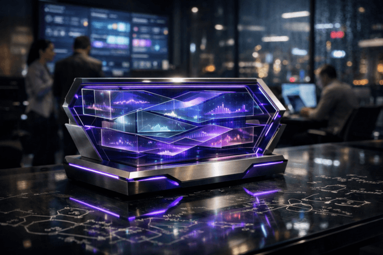 A photorealistic medium-wide cinematic shot, camera positioned approximately 1–2 meters from the subject, capturing a sleek physical “CS Ops control console” as the hero object: a premium glass-and-brushed-metal sculptural device with isometric-inspired geometric layers of translucent panels suspended inside, each panel showing softly glowing, abstract data visualizations and graph-like shapes without any readable text or numbers, resting on a glossy glass tabletop covered with faint, hand-drawn white-marker mathematical equations and process diagrams, slightly smudged and lived-in, clearly readable within a realistic environment. The object integrates subtle electric-purple #7B63FF accents along its edges, inner light strips and interface glows, indicating intelligence and activity without overpowering realism. Set in a modern tech-noir SaaS operations “war room” at night, a real corporate office space with large wall-mounted screens in the background displaying blurred multi-panel dashboards, reflections of city lights shimmering on the glass surfaces, and a rainy skyline with soft neon highlights visible through tall windows. Natural human presence appears in the background and periphery: a small, diverse group of professionals in smart-casual attire collaborating around other workstations, some standing, some seated, their faces and laptops softly out of focus to keep the console as the main focal point. Lighting is low-key and practical, coming from ceiling panels, desk lamps and the glow of the surrounding monitors, complemented by a soft integrated white spotlight from above and slightly to the side of the CS Ops console, gently revealing form, texture and depth in the glass, metal and marker strokes. Cinematic realism, 35mm lens look, natural shallow-to-medium depth of field, premium materials, ultra-detailed, 8K, no captions, no on-screen text, no watermarks.