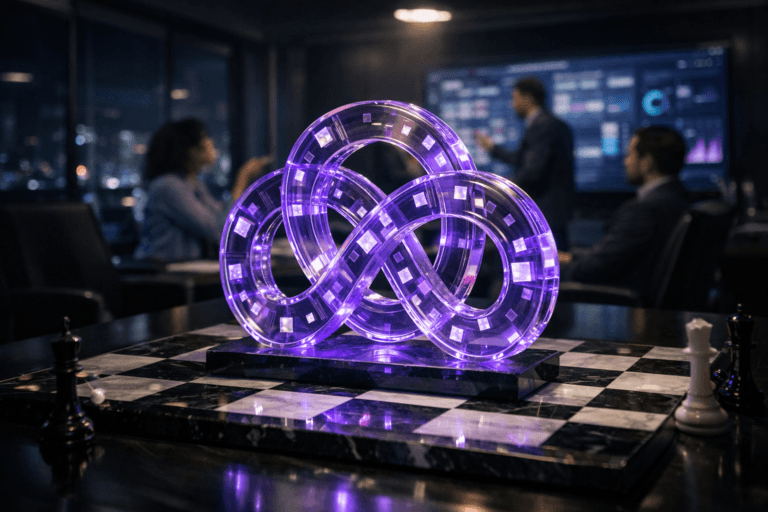 A photorealistic medium-wide cinematic shot, camera positioned approximately 1–2 meters from the subject, capturing a sleek translucent acrylic sculpture in the center of a black-and-white marble chessboard, the sculpture formed by interlocking circular rings and small embedded tiles that subtly evoke agile boards, roadmaps, and flowing data, glowing faintly from within with electric-purple (#7B63FF) light to represent agile culture and modern product management, clearly readable within a realistic environment. The object integrates subtle electric-purple accents indicating intelligence or activity without overpowering realism. Set in a dimly lit glass-walled corporate strategy room at night, high above a futuristic city with distant neon reflections shimmering on the windows, the marble chessboard resting on a polished black conference table; in the softly blurred background a diverse group of professionals sits and stands around the table, candidly discussing and gesturing toward a large wall-mounted digital kanban board and live analytics dashboards on surrounding screens, adding natural human presence without stealing focus from the sculpture. Lighting is low-key and practical, coming from overhead fixtures, laptop screens, and the wall displays, complemented by a soft integrated white spotlight from above that gently reveals the form, texture, and depth of the acrylic sculpture, chessboard, and scattered chess pieces. Cinematic photographic realism with a subtle Tech-Noir mood, neutral corporate tones with restrained neon purple and cool blue accents, natural shallow-to-medium depth of field, premium materials, ultra-detailed, 8K, no captions, no text overlays, no watermarks.