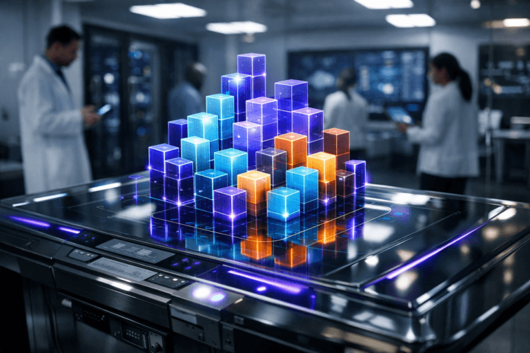 A photorealistic medium-wide cinematic shot, camera positioned approximately 1–2 meters from the subject, capturing a sleek glass-topped data console as the hero object, where a cluster of semi-translucent, color-coded cubes rises in a precise 3D holographic isometric grid above the surface, each cube with subtle circuit-like detailing and a soft internal glow, clearly readable in frame and anchored to a realistic physical interface. The object integrates subtle electric-purple #7B63FF accents along cube edges and in the console’s light lines, indicating intelligence and live analytics activity without overpowering the neutral corporate realism. Set in a pristine, high-tech corporate clean room environment with sterile white walls, glass partitions, polished floors and distant server racks and wall-mounted displays hinting at complex dashboards and KPIs (no legible text), the space feels like a real-world data cockpit with a restrained tech-noir atmosphere created by cool tones and sharp reflections. In the background and periphery, a few diverse professionals in clean lab coats and modern business-casual attire move naturally, slightly out of focus, consulting tablets and touchscreens while occasionally glancing toward the central console, their presence reinforcing real-world data-driven collaboration without stealing focus from the cubes. Lighting is low-key yet clinically precise, combining bright overhead clean-room panels with a soft integrated white spotlight from above and to the side of the console, plus faint screen glow and electric-purple reflections that gently reveal form, texture, and depth across glass, metal, and acrylic surfaces. Cinematic realism, natural shallow-to-medium depth of field, premium materials, ultra-detailed, 8K, no captions, no text overlays, no watermarks.