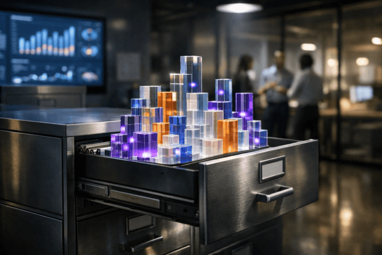 A photorealistic medium-wide cinematic shot, camera positioned approximately 1–2 meters from the subject, capturing a sleek steel filing cabinet with several drawers slightly open and neatly labeled, from whose top open drawer emerges a contemporary data sculpture made of precisely arranged, semi-transparent colored acrylic cubes forming clean geometric structures, the cubes crisply three-dimensional and clearly readable as organized “data” within a realistic environment. The object integrates subtle electric-purple accents indicating intelligence or activity without overpowering realism. Set in a dim, tech-forward corporate archive room at night, rows of steel cabinets receding into the background, a blurred wall-mounted analytics dashboard glowing on one side and a glass-walled product workspace beyond, where a few diverse professionals in smart-casual attire confer softly out of focus, with natural human presence in the background or periphery. Lighting is low-key and practical, with spill from the dashboard screens and a soft integrated white spotlight from above gently catching the metal texture of the cabinet and the facets of the cubes, revealing form, texture, and depth, with cool neutral tones and restrained neon reflections. Cinematic realism, natural depth of field, premium materials, ultra-detailed, 8K, no captions, no text overlays, no watermarks.
