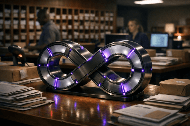 A photorealistic medium-wide cinematic shot, camera positioned approximately 1–2 meters from the subject, capturing a polished physical desktop sculpture in the shape of an interlocking DevOps infinity loop conveyor, made of brushed dark metal and frosted glass modules, resting on a busy mail-sorting worktable, clearly readable within a realistic environment. The object integrates subtle electric-purple (#7B63FF) light strips and indicator glows along its edges and joints, suggesting intelligent, continuous flow of work without overpowering realism. Set in a late-evening corporate mail-sorting room, with a long wooden classification table covered with neatly stacked envelopes and small parcels, and a wall of warm wooden mail cubbies and numbered slots receding into the background, computer monitors and barcode scanners casting soft tech-noir reflections, with a few diverse logistics and operations professionals in smart-casual attire calmly sorting mail and checking screens in the background, slightly out of focus. Lighting is low-key and practical, coming from overhead fluorescent panels, desk lamps, and monitor glow, complemented by a soft integrated white spotlight from the upper side gently revealing the sculpture’s form, texture, and depth. Cinematic realism, subtle tech-noir mood, neutral corporate color palette with restrained neon purple accents, natural shallow-to-medium depth of field, 35mm lens look, premium materials, ultra-detailed, 8K, no text, no logos, no watermarks.