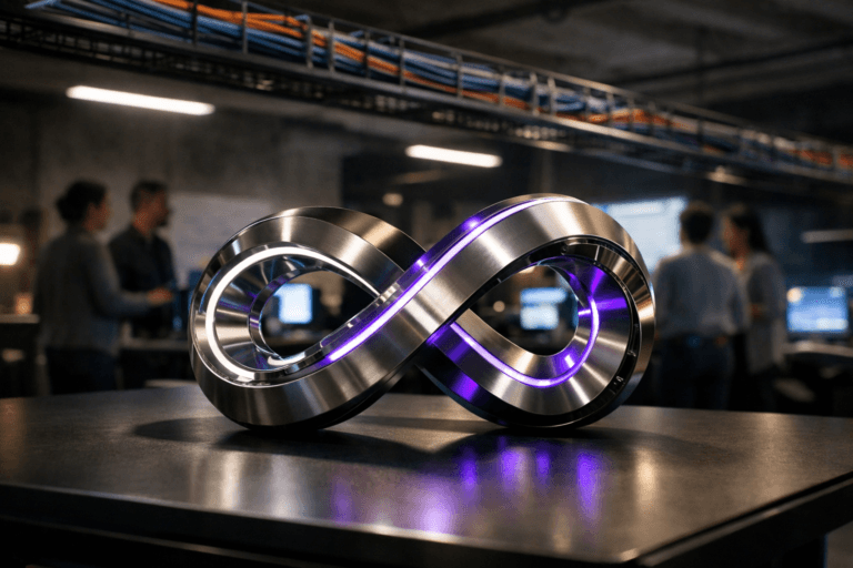 A photorealistic medium-wide cinematic shot, camera positioned approximately 1–2 meters from the subject, capturing a sleek physical desk sculpture representing a culture of innovation — a polished glass-and-brushed-metal continuous loop with modular segments and embedded LED lines in white and subtle electric purple #7B63FF — clearly readable atop a premium workstation table within a realistic corporate tech lab environment. The object integrates subtle electric-purple accents indicating intelligence or activity without overpowering realism. Set in a contemporary Tech-Noir innovation laboratory with neutral corporate tones, exposed concrete ceiling and an overhead cable-management tray running across the frame, densely packed with neatly organized, color-coded network cables that catch reflections from nearby monitors; in the soft background, a diverse group of professionals in smart-casual attire collaborate around glowing screens and whiteboards, slightly out of focus to keep the sculpture as the hero object. Lighting is low-key and practical, coming from ceiling strip lights, computer displays and a few desk lamps, complemented by a soft integrated white spotlight from above and slightly to the side of the sculpture, gently revealing its form, texture and depth while casting controlled shadows on the table surface. Cinematic realism, 35mm lens look, natural shallow-to-medium depth of field, premium materials, subtle Tech-Noir neon reflections, ultra-detailed, 8K, no captions, no text overlays, no watermarks.