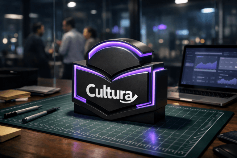 A photorealistic medium-wide cinematic shot, camera positioned approximately 1–2 meters from the subject, capturing a solid 3D isometric desk sculpture of the Cultura brand logo treated as a premium physical object made of matte black metal and frosted acrylic edges, with the official Cultura logo clearly visible on the front face and subtle electric-purple #7B63FF accent light running through its contours, resting naturally on a green cutting mat (cutting mat) with a white measurement grid atop a designer’s workstation. The object integrates subtle electric-purple accents indicating intelligence or activity without overpowering realism. Set in a dimly lit modern startup workspace at night in São Paulo, with the cutting mat on a large wooden desk surrounded by precision knives, rulers, sticky notes, and an open laptop showing softly blurred analytics dashboards, glass partitions and windows reflecting cool city lights and restrained neon purple glows, and a diverse group of professionals in smart-casual attire collaborating in the softly defocused background, captured candidly and secondary to the hero object. Lighting is low-key and practical, coming from laptop screens, a desk lamp, and distant office fixtures, complemented by a soft integrated white spotlight from above and slightly to the side, gently revealing the form, texture, and depth of the Cultura logo sculpture and the cutting mat grid. Cinematic realism, natural shallow-to-medium depth of field, neutral corporate color palette with cool blue-grays and subtle electric-purple accents, premium materials, ultra-detailed, 8K, no captions, no text overlays, no watermarks.