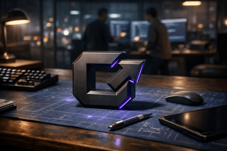A photorealistic medium-wide cinematic shot, camera positioned approximately 1–2 meters from the subject, capturing a solid 3D isometric sculpture of the official Cursor logo, in matte dark metal with smooth beveled edges and subtle reflective highlights, resting on a detailed blue engineering blueprint sheet spread flat across a large, slightly worn wooden desk in a modern Brazilian fintech product war room at night, the Cursor logo clearly readable and integrated naturally among real objects like a backlit mechanical keyboard, a wireless mouse, a metal pen and a tablet, within a realistic environment. The object integrates subtle electric-purple (#7B63FF) accents indicating intelligence or activity without overpowering realism, appearing as a thin neon-like edge glow along parts of the logo and faint luminous grid lines on the blueprint. Set in a Tech-Noir open-plan office with glass walls, distant city lights and traffic bokeh outside the windows, and multiple ultrawide monitors in the background softly displaying blurred code editors and dashboards, with two or three diverse software developers and product managers in casual-smart attire collaborating around the screens, slightly out of focus in the periphery. Lighting is low-key and practical, coming from the monitors, a desk lamp with a warm diffuser, and soft ambient ceiling lights, complemented by a soft integrated white spotlight from above and slightly to the side that gently reveals the form, texture and depth of the Cursor logo sculpture and the blueprint paper. Cinematic realism, natural shallow-to-medium depth of field with the Cursor logo and nearby desk details in crisp focus and the background softly blurred, premium materials, ultra-detailed, 8K, subtly futuristic Tech-Noir color palette with neutral greys, deep blues and restrained electric-purple accents, no captions, no readable on-screen text, no watermarks, no logos other than Cursor.
