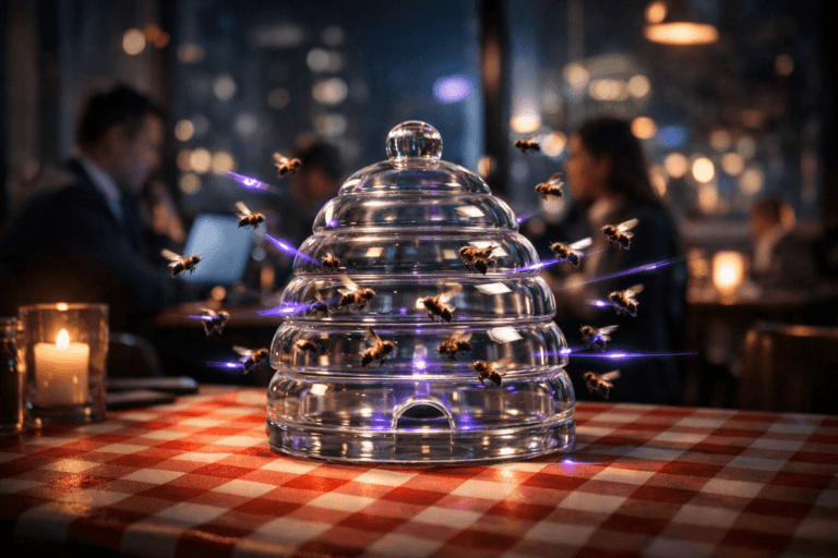 A photorealistic medium-wide cinematic shot, camera positioned approximately 1–2 meters from the subject, capturing a sleek semi-transparent glass beehive centerpiece resting on a restaurant table with a red-and-white checkered tablecloth, the hive clearly readable as the hero object, with small realistic bees emerging in all directions as subtle motion-blur trails of soft electric-purple #7B63FF light, symbolizing customer advocacy and word-of-mouth, within a believable real-world environment. The object integrates restrained electric-purple accents in the glowing bee trails and faint reflections on the glass, indicating intelligence and activity without overpowering realism. Set in a contemporary urban restaurant at night with a Tech-Noir mood, large windows revealing blurred city lights and gentle purple-blue neon reflections, dark wood and metal furnishings, and diverse business professionals in the background engaged in quiet conversation over laptops and phones, slightly out of focus and secondary to the beehive. Lighting is low-key and practical, coming from overhead pendants, table candles, and screen glow, complemented by a soft integrated white spotlight from the side that gently reveals the form, texture, and depth of the glass hive and tabletop. Cinematic realism, 35mm lens look, natural shallow-to-medium depth of field, neutral corporate tones with subtle neon accents, premium materials, ultra-detailed, 8K, no text, no captions, no watermarks.