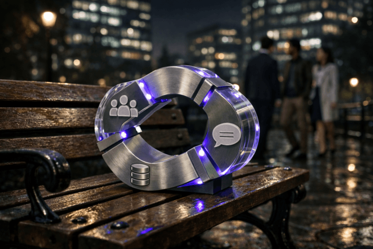 A photorealistic medium-wide cinematic shot, camera positioned approximately 1–2 meters from the subject, capturing a tangible stylized physical sculpture representing the customer development cycle — a compact 3D isometric loop of interconnected translucent acrylic and brushed metal segments with small engraved icons for customers, data, and messaging — resting on a classic wooden and cast-iron park bench, clearly readable within a realistic environment. The object integrates subtle electric-purple #7B63FF accents and soft internal edge glows at its joints, indicating intelligence and activity without overpowering realism. Set in a moody nighttime urban park framed by distant glass corporate office towers and cool city lights, with the park bench as the primary setting, wet stone paths and metal railings reflecting faint neon highlights; in the softly blurred background, a few diverse professionals in business-casual attire pass by on the pathway, adding natural human presence without stealing focus. Lighting is low-key and practical, coming from nearby park lampposts and the distant building windows, complemented by a soft integrated white spotlight from above and slightly to the side, gently revealing form, texture, and depth of the sculpture and bench while letting the surroundings fall into subtle shadow. Cinematic tech-noir realism, shot on a 35mm full-frame lens with natural shallow-to-medium depth of field, neutral corporate color palette with restrained electric-purple neon accents, premium materials, ultra-detailed, 8K, no text, no logos, no UI, no watermarks.