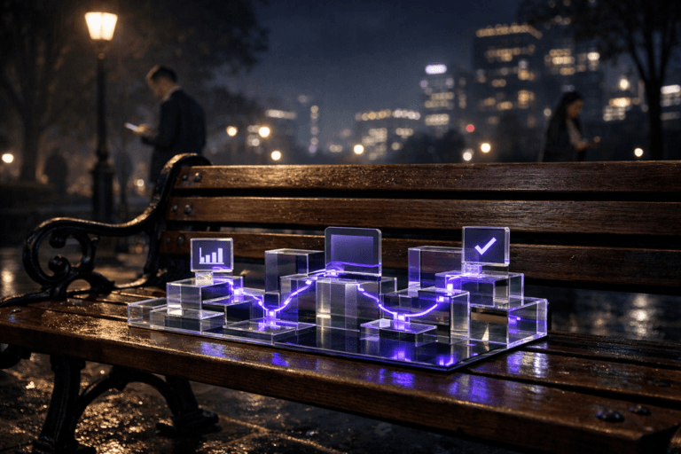 A photorealistic medium-wide cinematic shot, camera positioned approximately 1–2 meters from the subject, capturing a polished real-world tabletop sculpture symbolizing customer enablement: a translucent acrylic customer-journey console composed of interlocking, stepped geometric tiles and miniature screen-like panels, with soft embedded electric-purple #7B63FF light traces subtly connecting each stage, resting naturally on a classic wooden and cast-iron park bench, clearly readable within a realistic environment. The object integrates subtle electric-purple accents indicating intelligence or activity without overpowering realism. Set in a quiet urban park at night in a Tech-Noir mood, the wooden and cast-iron bench sits under a lone streetlamp beside a rain-slick stone path, with a distant corporate city skyline, muted neon signage, and soft reflections on the wet ground; a few diverse professionals in business attire pass by in the background and periphery, slightly out of focus, occasionally glancing at laptops or phones, adding natural human presence without stealing focus from the sculpture. Lighting is low-key and practical, driven by the streetlamp, ambient city glow, and the sculpture’s subtle internal LEDs, complemented by a soft integrated white spotlight from the side, gently revealing form, texture, and depth of the acrylic surfaces, the wood grain of the bench, and the damp pavement. Cinematic realism, natural shallow-to-medium depth of field, premium materials, ultra-detailed, 8K, neutral corporate color palette with restrained electric-purple accents, no captions, no text overlays, no watermarks.