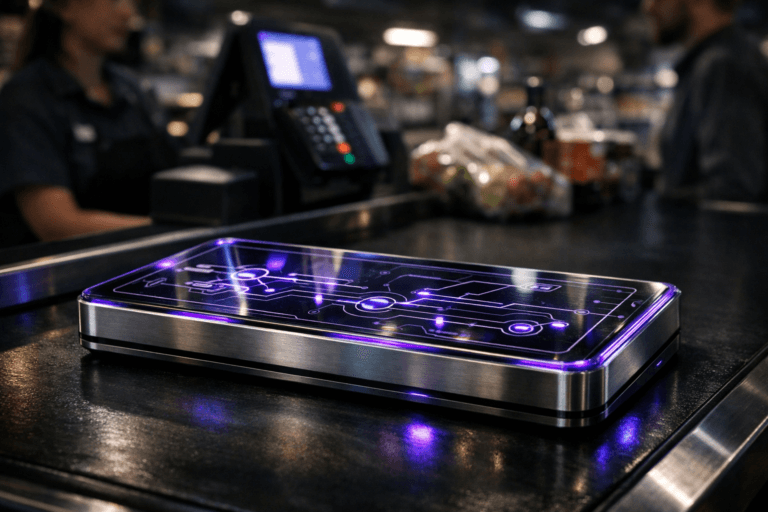 A photorealistic medium-wide cinematic shot, camera positioned approximately 1–2 meters from the subject, capturing a sleek, premium glass-and-metal tabletop device resting on a black supermarket checkout conveyor belt, designed as a physical “Customer Experience” control console with layered translucent panels and interconnected engraved pathways and nodes glowing subtly beneath the surface, clearly readable within a realistic environment. The object integrates subtle electric-purple (#7B63FF) accents along its edges and within the glowing pathways to indicate intelligence and real-time activity, without overpowering the natural materials or realism. Set in a modern supermarket checkout lane at night, with the cash register, payment terminal, product-filled conveyor and muted aisles receding into the background, a cashier and a customer visible in the periphery in soft focus with natural, candid posture, adding human presence without stealing focus from the CX device. Lighting is low-key and practical, coming from overhead supermarket fixtures, register screens and small accent LEDs, complemented by a soft integrated white spotlight from above and slightly to the side that gently reveals the glass reflections, brushed metal texture and engraved patterns on the device, with faint tech-noir purple and cyan reflections on the black conveyor surface. Cinematic realism, natural shallow-to-medium depth of field, 35mm lens look, premium materials, ultra-detailed, 8K, no text, no captions, no watermarks.