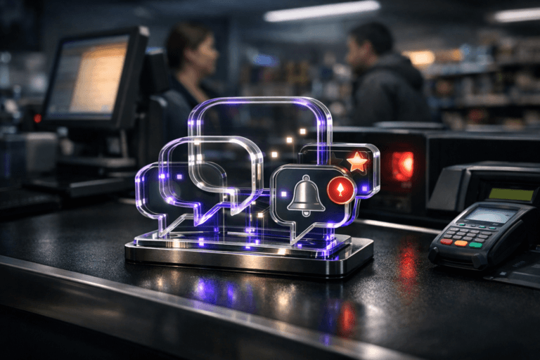 A photorealistic medium-wide cinematic shot, camera positioned approximately 1–2 meters from the subject, capturing a stylized physical tabletop sculpture representing customer feedback: a premium glass-and-metal isometric structure of interlocking speech bubbles and notification icons, softly glowing from within, with clean geometric layers and small embedded LED nodes, resting solidly on the supermarket checkout counter, clearly readable within a realistic environment. The object integrates subtle electric-purple #7B63FF accents along its edges and internal light strips, indicating intelligence and data activity without overpowering realism. Set in a late-night tech-noir supermarket checkout lane, on a black rubber conveyor-belt counter with barcode scanner, payment terminal, and digital POS screen nearby, cool overhead fluorescents contrasting with the warmer glow from screens, with a cashier and a customer softly blurred in the background, casually interacting and partially framed by shelves of products and distant aisles. Lighting is low-key and practical, coming from the checkout fixtures, POS screens, and ambient store lights, complemented by a soft integrated white spotlight from the side that gently reveals the sculpture’s form, reflections, and texture, casting subtle shadows across the black belt. Cinematic realism, natural shallow-to-medium depth of field, neutral corporate color palette with restrained neon purple accents, premium materials, ultra-detailed, 8K, no text, no captions, no watermarks.