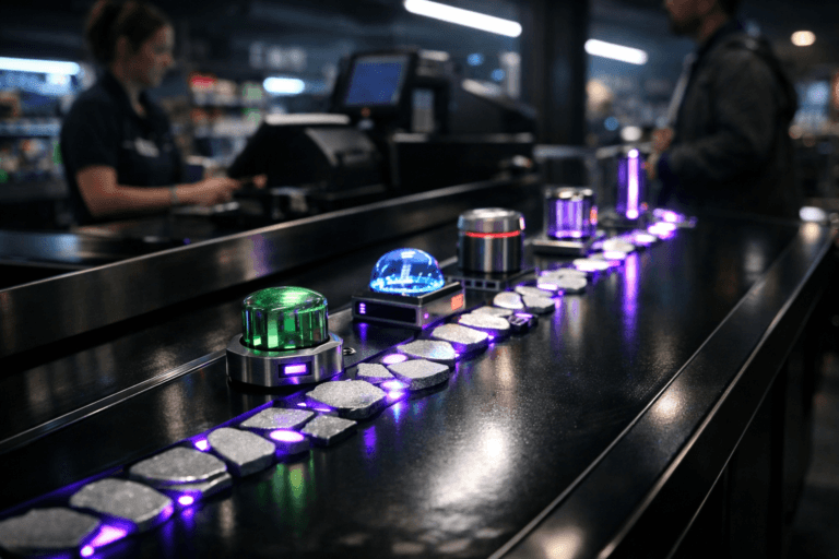 A photorealistic medium-wide cinematic shot, camera positioned approximately 1–2 meters from the subject, capturing a sleek black supermarket checkout counter with a glossy black conveyor belt where a path of small luminous stone-like tiles runs along the center, physically embedded in the surface and connecting several refined, color-coded mini stations made of glass and brushed metal, each station subtly glowing and aligned in a clean, isometric-inspired layout, clearly readable within a realistic environment. The object integrates subtle electric-purple (#7B63FF) accents threading through the glowing edges and interface lights of the stones and stations, indicating intelligence and data flow without overpowering realism. Set in a late-night urban supermarket checkout lane with a matte black cashier counter, product shelves and signage softly blurred in the background, reflections of cool city light on polished surfaces, and a professional cashier plus a diverse shopper visible in the periphery in candid postures, slightly out of focus, enhancing a grounded Tech-Noir atmosphere. Lighting is low-key and practical, coming from overhead fluorescent fixtures, the conveyor’s integrated lights, and nearby refrigerated displays, complemented by a soft integrated white spotlight from above that gently reveals the form, texture, and depth of the luminous stone path and stations. Cinematic realism, natural shallow-to-medium depth of field, premium materials, ultra-detailed, 8K, no captions, no text overlays, no watermarks.