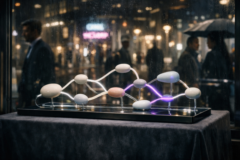 A photorealistic medium-wide cinematic shot, camera positioned approximately 1–2 meters from the subject, capturing a premium real-world hero object: a high-end interactive glass sculpture that physically represents a customer journey map, composed of smooth stone-like nodes in soft white and muted colors connected by luminous paths on a sleek dark base, clearly readable within a realistic environment. The object integrates subtle electric-purple #7B63FF accents pulsing along some of the connections, indicating intelligence and live data flow without overpowering realism. Set in a modern tech retail storefront at night, the sculpture displayed on a deep charcoal velvet pedestal inside a softly lit shop window, with reflections of a rainy city street, passing professionals and distant neon signage creating a refined Tech-Noir atmosphere in the glass. Natural human presence appears as slightly out-of-focus silhouettes and reflections of diverse people walking by and briefly glancing at the display in the background and periphery. Lighting is low-key and practical, coming from the storefront spotlights, street lamps and nearby signage, complemented by a soft integrated white spotlight from above that gently reveals the form, texture and depth of the object and pedestal. Cinematic realism, 35mm lens look, natural depth of field, premium materials, ultra-detailed, 8K, no captions, no text overlays, no watermarks.