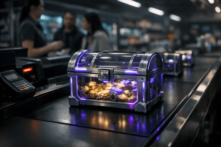 A photorealistic medium-wide cinematic shot, camera positioned approximately 1–2 meters from the subject, capturing a sleek, transparent futuristic treasure chest made of glass and brushed metal, partially filled with softly glowing coins and data chips, placed prominently on a glossy black supermarket checkout counter and conveyor belt, with a subtle progression of smaller, dimmer physical treasure chests receding backwards along the belt like a timeline, clearly readable as the hero object within a realistic environment. The object integrates subtle electric-purple (#7B63FF) accents along its edges and internal glow, suggesting intelligent value growth and activity without overpowering realism. Set in a late-night tech-noir supermarket checkout lane, with a matte black conveyor belt, barcode scanner, payment terminal, and product shelves and refrigerated displays fading into the background; a professional cashier and a couple of diverse shoppers appear softly out of focus in the periphery, interacting naturally. Lighting is low-key and practical, coming from overhead fluorescent strips, the scanner, and nearby displays, complemented by a soft integrated white spotlight from above and slightly to the side of the treasure chest, gently revealing form, reflections, and fine material texture while casting subtle shadows on the conveyor. Cool neutral corporate tones dominate the palette, with restrained teal ambient light and delicate electric-purple reflections on nearby surfaces for a subtle tech-noir mood. Cinematic realism, 35mm lens look, natural shallow-to-medium depth of field, premium materials, ultra-detailed, 8K, no captions, no text overlays, no watermarks.